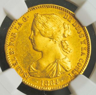 1864,  Kingdom Of Spain,  Isabel Ii.  Gold 100 Reales Coin.  (8.  38gm) Ngc Unc,