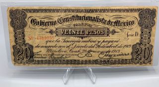 1913 Mexico Paper Money 20 Veinte Pesos Monclova Crisp Note Bill