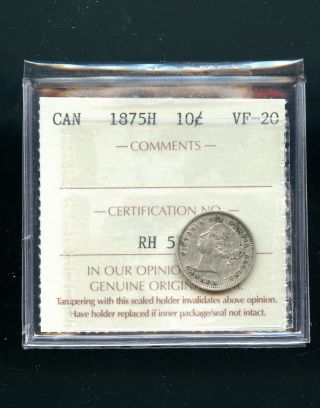 1875h Canada 10 Cents Iccs Certified Vf20 Key Date Cat $1500.  00 A594