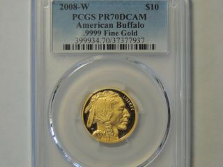 2008 - W 1/4 Oz Proof Gold Buffalo Pcgs Pr70 Dcam $10 Coin