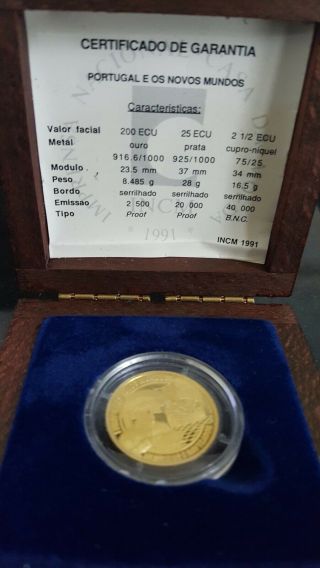 1991 PORTUGAL 200 ECU GOLD COIN NOVO MUNDO AND 3