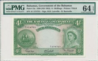 Government Of The Bahamas Bahamas 4 Shillings 1936 Prefix A/1 Pmg 64epq