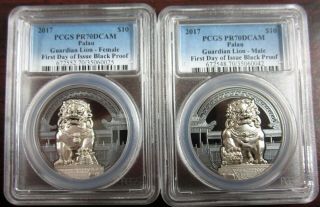 2017 $10 Palau Guardian Lion.  999 Silver 2 - Coin Black Proof Set Pcgs Pr70dcam Fd