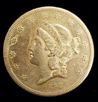 1857 - S $20 Liberty Head Double Eagle Type 1 Gold Coin In Vf/xf