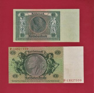 Germany Nazi Reichsbanknotes: 10 Zehn 1924 / 1929 & 50 Funfzig 1924 / 1933 Notes