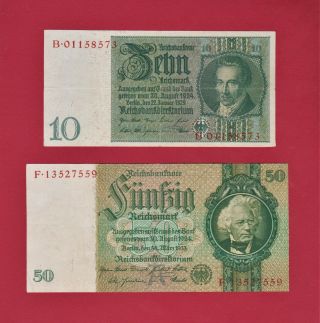 GERMANY NAZI REICHSBANKNOTES: 10 Zehn 1924 / 1929 & 50 Funfzig 1924 / 1933 Notes 2