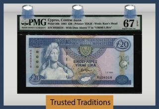 Tt Pk 56b 1993 Cyprus Central Bank 20 Pounds Pmg 67 Epq None Finer Known