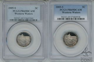 Set Of 2 - 2005 - S United States 5c Western Waters Nickel Graded Pr69dcam By Pcgs