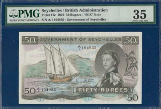 British Seychelles 50 Rupees 1970 " Sex " Note P17c Pmg 35 Choice V/f Series A/1
