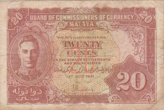 20 Cents Vg - Fine Banknote From British Malaya 1941 Pick - 9