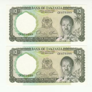 Tanzania 2x10 Shillings 1966 Aunc/unc P2d @
