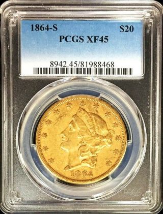1864 S Gold Us Civil War Date $20 Liberty Head Double Eagle Coin Pcgs Xf 45