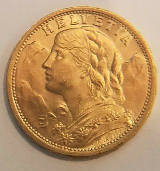 1911 Swiss Gold 20 Francs Helvetia 0.  1867 Oz Of Gold.  Goldvreneli - Circulated