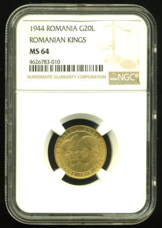 Romania 1944 Gold Coin 20 Lei Ngc Certified Ms 64 Marvelous