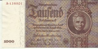 Germany 1000 Reichmark 1936 P 184.  Nazi Swastika Wwii.  Unc.  6rw 27nov