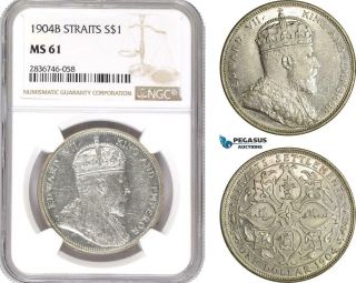 Ae288 Straits Settlements,  Edward Vii,  1 Dollar 1904 - B,  Bombay,  Silver,  Ngc Ms61