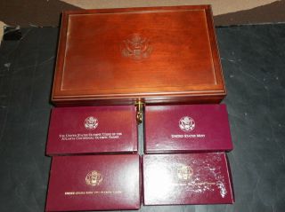 1996 Olympic 16 Coin Proof Set Wood Box & - 4 - $5 Gold,  8 - $1 Silver & Clad