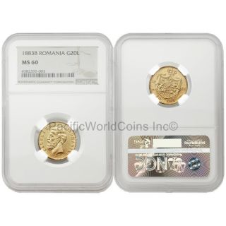 Romania 1883b 20 Lei Gold Ngc Ms60 Sku 4619