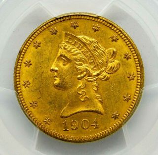 1904 $10 Ms - 63 Pcgs Gold Liberty Head Eagle United States Coin.
