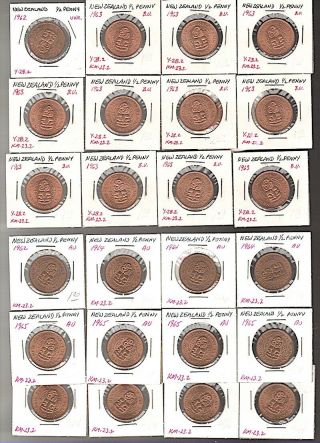 36 Zealand Half Penny: (27) 1962 - 65 W/some Spotting 14 Unc/13 Au; $4 S&h