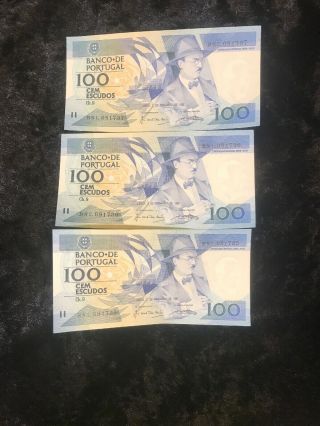 3x Banknote Portugal 100 Escudos 1987 Seq.  Number