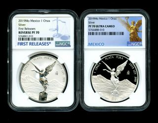 2019 Mexico Silver Onza Libertad Reverse Proof Ngc Pf70 2 - Coin Set First Release