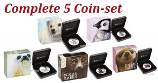 Complete 5 - Coin Set 2017 Polar Babies 2.  5 Oz Silver Proof 50c Half Dollar