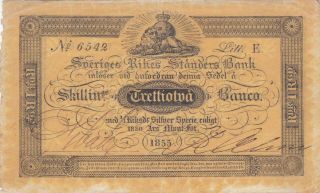 32 Skillingar Very Fine Crispy Banknote From Sweden 1855 Pick - A123 Extra Rare