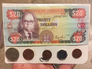 1987 Bank Of Jamaica Currency $20 Bill,  Coins Set Mint/sealed Paper Money