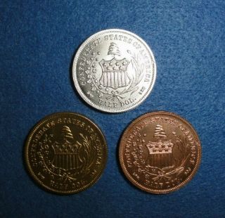 Confederate Half Dollar,  1962 Bashlow Restrikes,  Set Of Silver,  Goldine,  Copper.