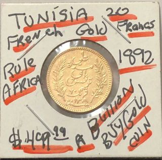 Tunisia 20 Gold Francs 1892 - - Extra Gold On Back From Jewelry - - - Under French Rule