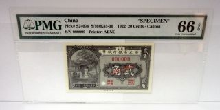 China.  Provin.  Bank Of Kwang Tung Prov 1922 Specimen 20cts P - S2407s Gem Unc 66