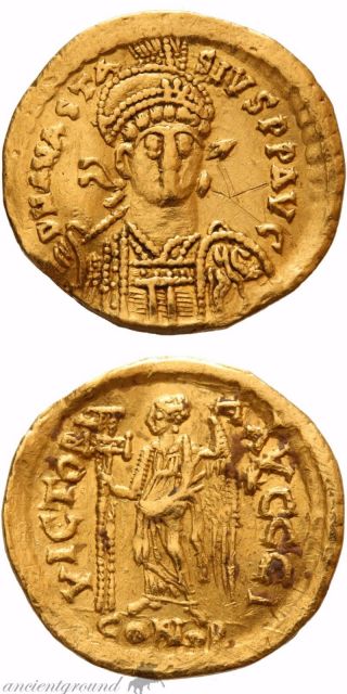 Byzantine Gold Solidus Coin Anastasius Constantinople 491 - 518 Ad