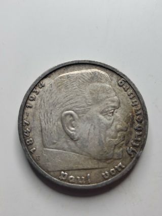 German 1938 E 5 Mark Ww2 Silver Coin Third Reich Swastika Reichsmark