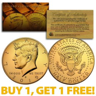 24k Gold Plated 2019 - D Jfk Kennedy Half Dollar Coin (d) Buy 1 Get 1