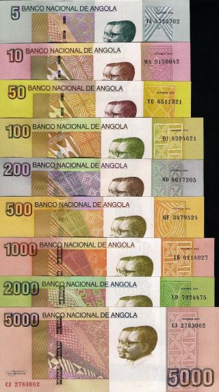 Angola Set,  5,  10,  50,  100,  200,  500,  1000,  2000,  5000 Kwanzas,  2012,  9 Notes,  Unc