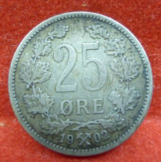 Norway 1902 25 Ore Silver Coin