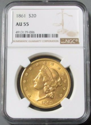 1861 Gold Us Civil War Date $20 Liberty Head Double Eagle Ngc About Unc 55