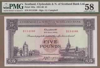 Scotland: 5 Pounds Banknote,  (au Pmg58),  P - 192a,  02.  05.  1952,