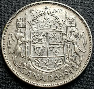 1948 Canada Silver 50 Cents Half Dollar Coin Vf/ef Key Date