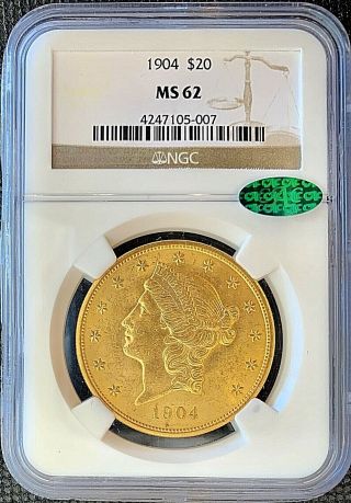 1904 $20 American Liberty Head Gold Double Eagle Ms61 Ngc Twenty Dollars Cac
