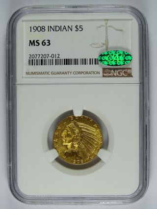 1908 P $5.  00 Gold Indian Ngc Ms - 63 Cac 6497
