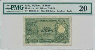 Biglietto Di Stato Italy 50 Lire 1951 Pmg 20