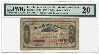 1936 British North Borneo $1 Dollar,  P - 28 Knb6,  Pmg 20 Vf,  Decent For Type,  Rare