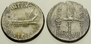 063.  Roman Silver Coin.  Marc Antony.  Ar Legion Vii Denarius.  Galley / Standards