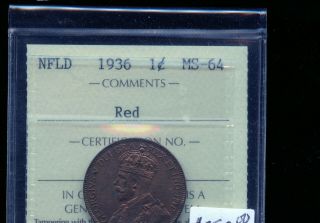 1936 Newfoundland Large Cent Iccs Certified Ms,  Red A844