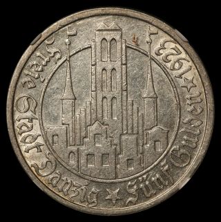1923 Danzig 5 Gulden Silver Coin - Ngc Au 53 - Km 147