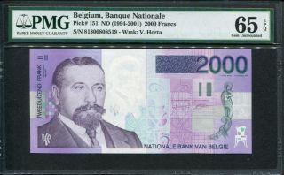 Belgium 1994 - 2001,  2000 Francs,  P151,  Pmg 65 Epq Gem Unc