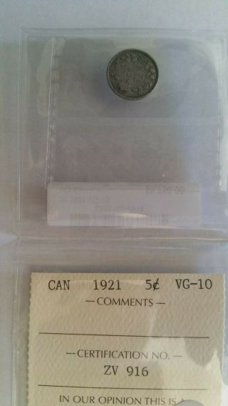 1921 Canada Silver 5 Cent Coin - Iccs Vg - 10 Prince Of Canadian Coins