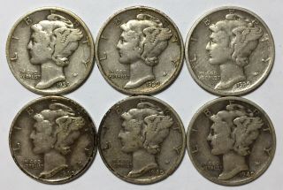 1939,  1939 - D,  1939 - S,  1940,  1940 - D & 1940 - S 10c Mercury Dimes 90 Silver